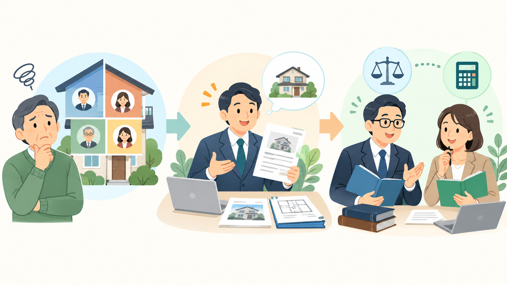 共有持分の相談者を不動産会社と弁護士・税理士などの専門家が連携して支援するイラスト
