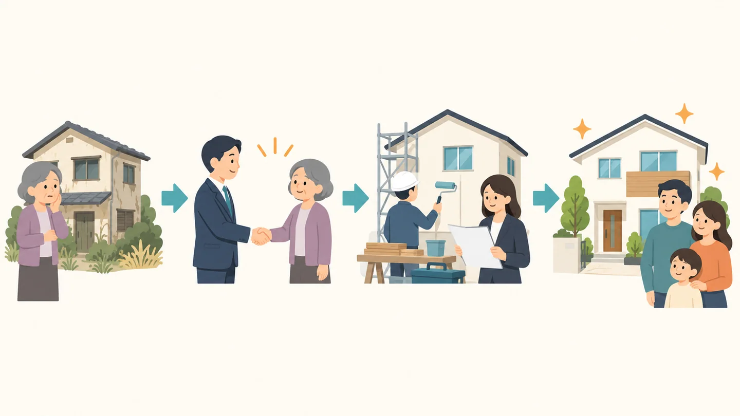 古い空き家を専門会社が買い取り、修繕や権利調整を経て再販する流れのイラスト